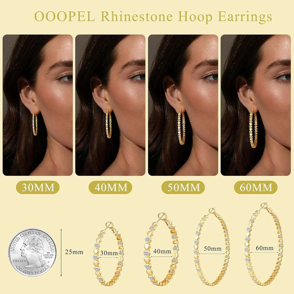 Heart Cubic Zirconia Large Hoop Earrings for Womens Sier 14k Gold Plated Hypoallergenic Rhinestone Hoops Earring Sparkly Jewelry Gift 30/40/50/60mm