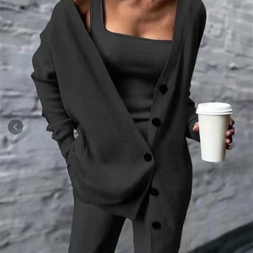 Knitted three piece set for womens style outerwear vest pants set 240820