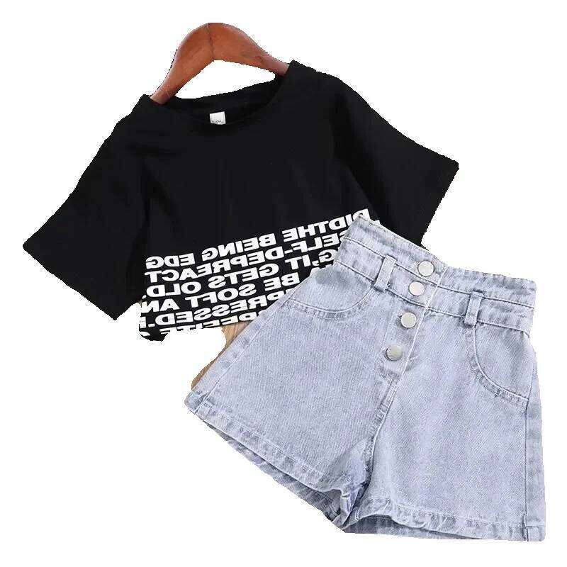 Summer Kids Clothes Set Teen Crop Tops T-shirt Denim shorts 2pcs Girl Outfits Baby Girls Clothing 4 7 10 to 12 year 240715 J250625