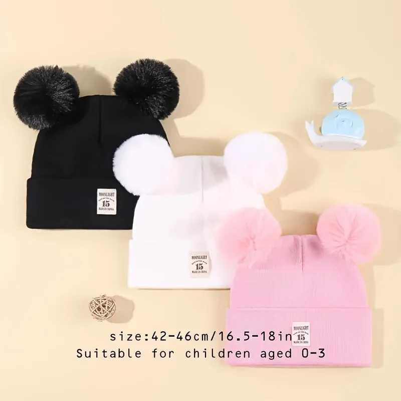 3pcs Soft Acrylic Knit Baby Hats with Double PomPoms Patch Warm Lightweight New Year Casual Attire for Boys Z251029