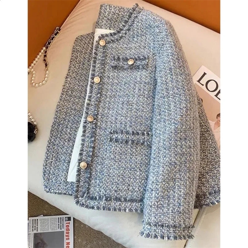 Spring Autumn Chic Tweed Jacket Womens Outwear Korean Drama Wears Loose Single-Breasted Sweet Woolen Coat Tops 240822