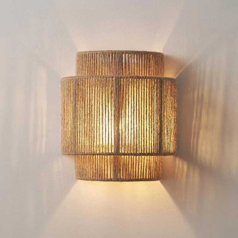 Antique Japanese Hotel Indoor Hemp Rope Rattan Wall Lamp Bathroom Vanity Modern E27 Woven Bedside Wall Light C251124