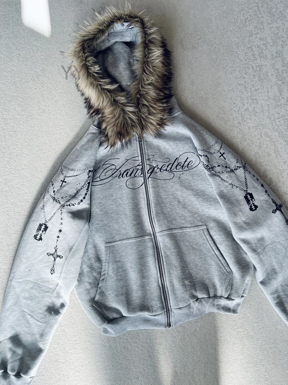 Personalized Printed Zipper Detachable Furry Hat Sweatshirt Sweatpants Set Long Sleeve Pullover Hoodie 250827