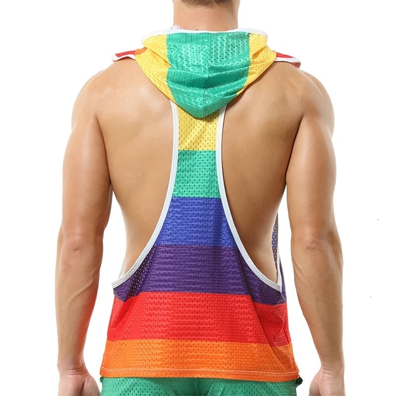 Mens Undershirts Rainbow Hooded Tank Tops Mesh Breathable Fitness Casual Vests Loose Shorts Homewear Tank 240327