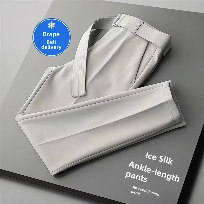 Summer Thin Ice Silk 3/4 Length Trousers For Men Drops Trendy Lightweight Straight-leg Casual Pants Belted Suit Pants 240827
