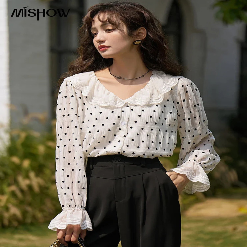 MISHOW Polka Dot Chiffon Tops Spring/Summer Peter Pan Collar Lace Petal Sleeve Female Single Breasted Blouses MXC14X0008 250417