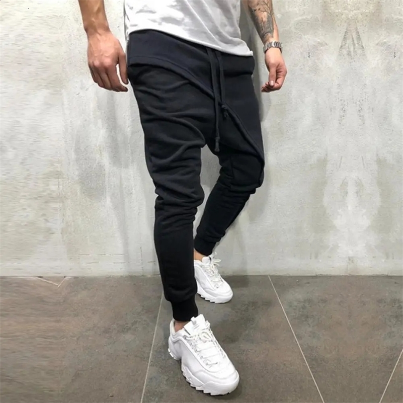 Men Harem Pants Ankle Tied Hip Hop Double Layer Running Baggy Pants Korean Casual Elastic Waist Trousers Sweatpants Tracksuits o240821