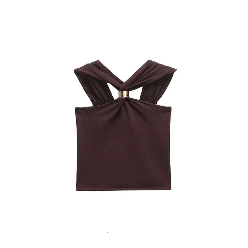 Spring Arrivals Womens Clothing Gold-embellished Wide Shoulder Fashion Temperament Halter Neck Knit Top 250417