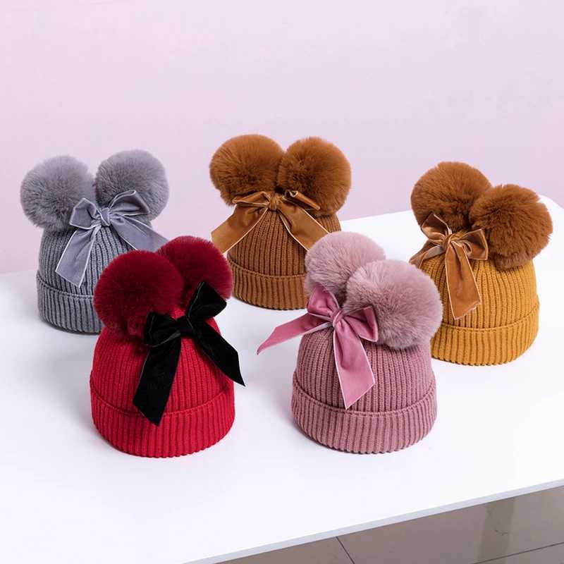 Baby Double Pompom Hat Velvet Bow Winter Girls Warm Knit Thicker Pom Hats Ball Children Beanie Cap Kids Bonnet Casquette Z251029