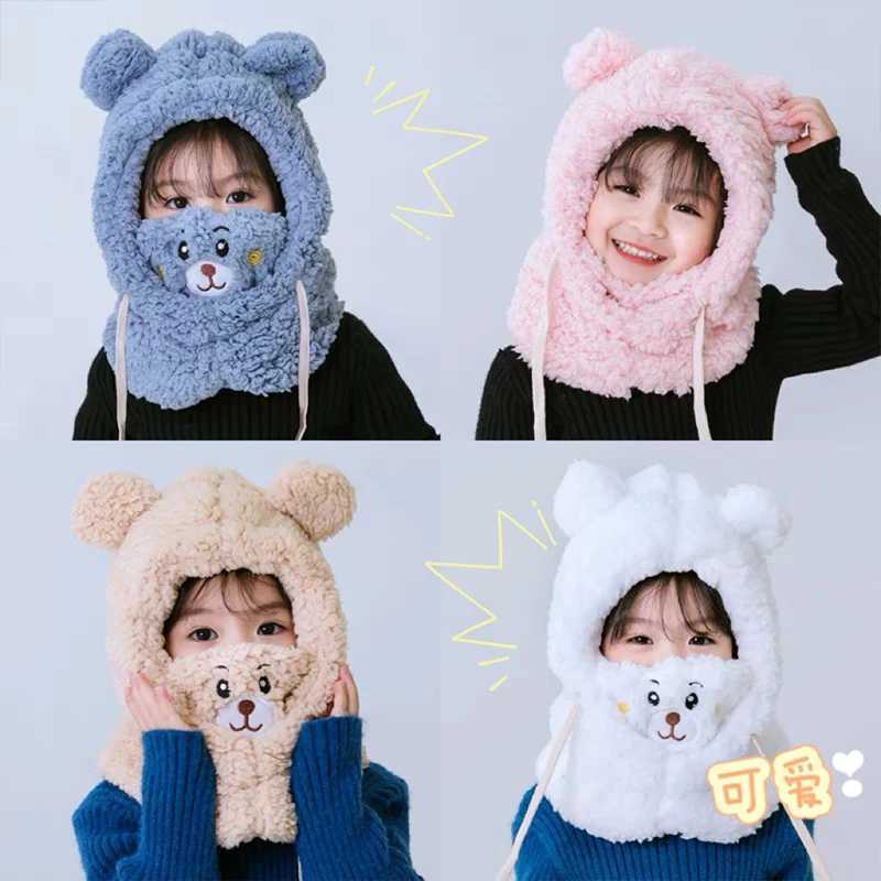 Trend childrens hat winter neck one mens and womens baby ear protection face cap cute bear plush warm fashion Z251029