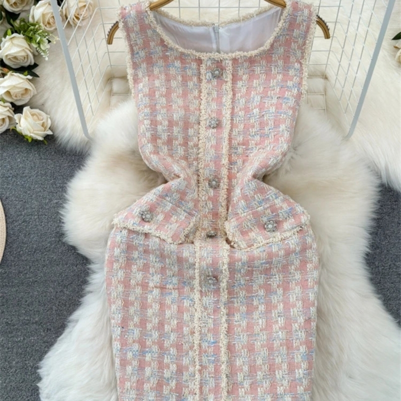 OCEANLOVE Tweed Women Dresses Spring Summer Korean Fashion Vestidos Mujer Plaid Elegant Contrast Color Sleeveless Mini Dress 240529