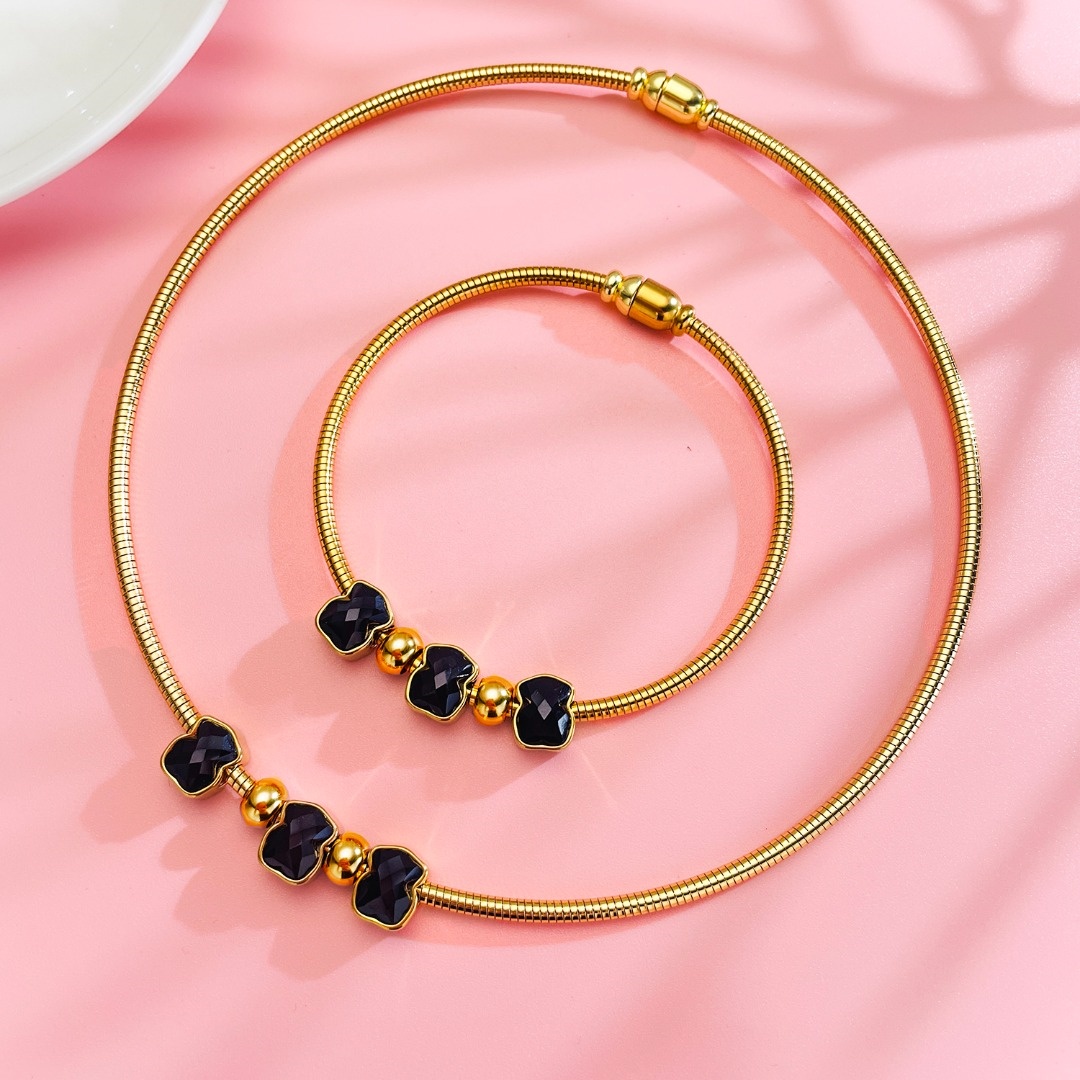 New Fashion Women Silver Gold Stainless Steel Bear White Black Pink Green Glass Pendant Bracelet Sets Jewelry