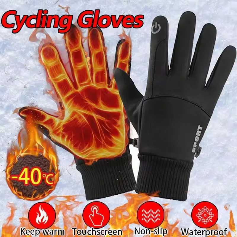Black Winter Fleece Gloves Full Fingers Waterproof Touch Screen Cycling Outdoor Sports Running Motorcycle Ski Warm J250922