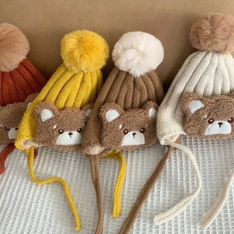 Cartoon Bear Baby Ear Protection Cap Cute Plush Ball Toddler Beanie Winter Warm Woolen Pullover Cap 336M Children Knitted Hat Z251029