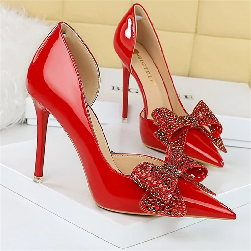 BIGTREE Pump Womens 10.5cm Heel Water Diamond Bow Womens Heel Fine High Heel Patent Leather High Heel Womens Shoes 240925
