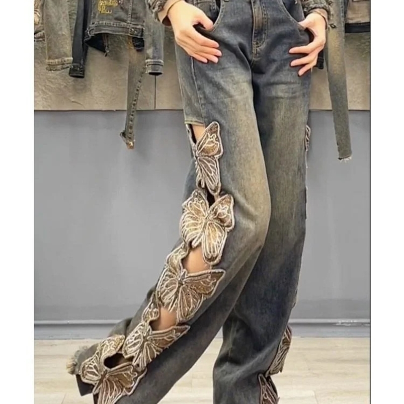 Summer Y2K Strtwear Harajuku Butterfly Decoration Denim Pants Womens High Waist Embroidery Loose Straight Hole Ripped Jeans Z260313