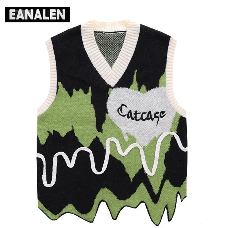 Harajuku Black Green Colorblock Jumper Sweater Vest Womens y2k Retro Oversized Knitted Ugly Sleeveless Sweater Mens Aesthetic 240701