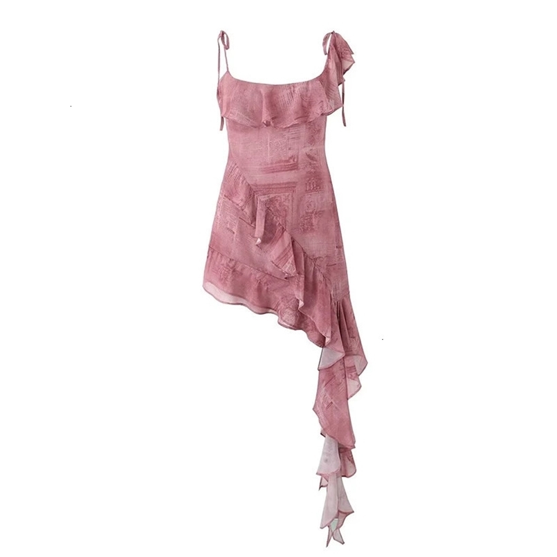 Willshela Women Fashion Printed Ruffled Lace Up Side Zipper Mini Dress Vintage Thin Straps Asymmetrical Female Chic Lady Dresses 241213