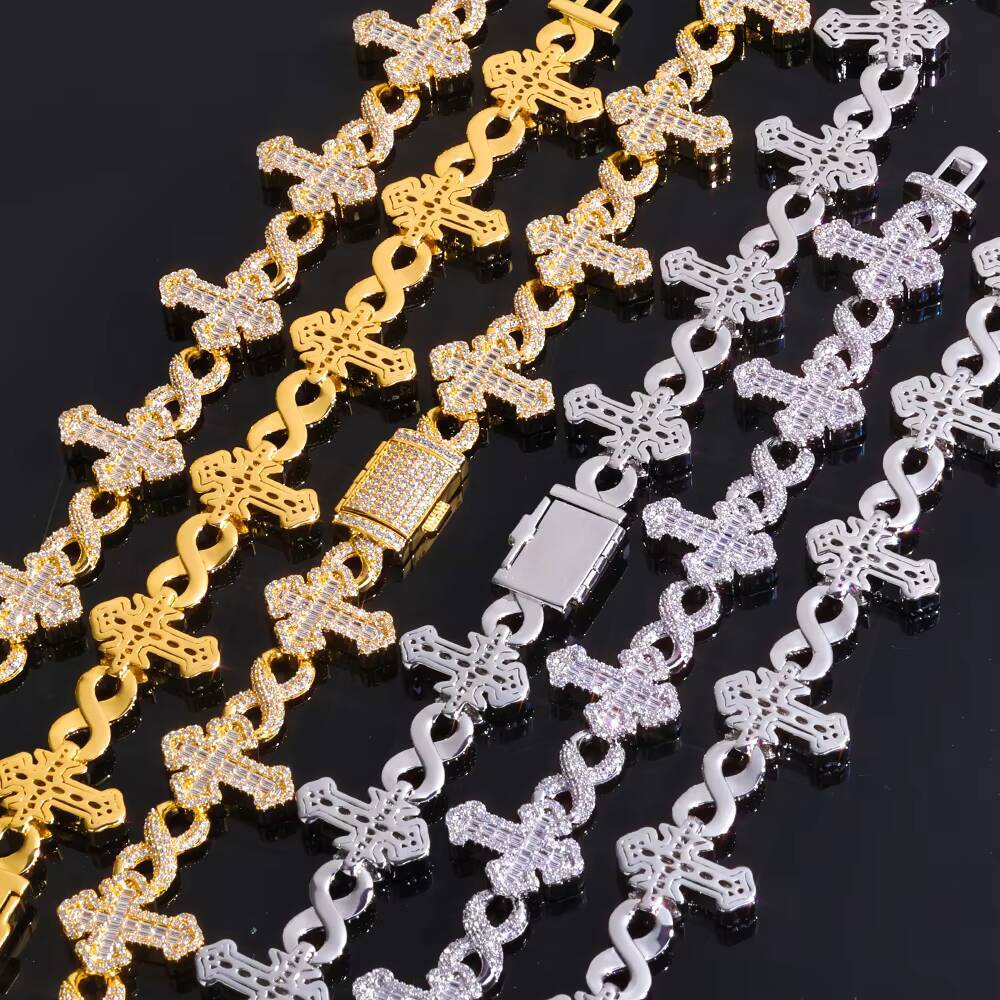 Fine Jewelry 15MM Iced Out Diamond Chain Gold Plated Flip Buckle Cross 8Character Infinite Design Bling Moissanite Necklace