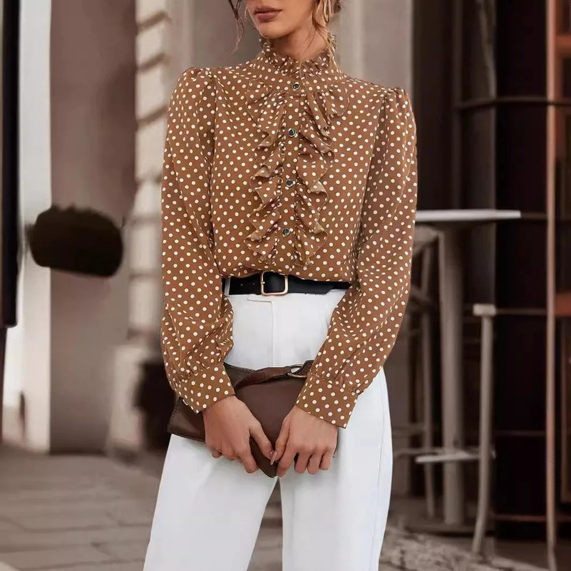 Spring Summer Long Sleeve Button Shirt Fashion Polka Dot Print Ruffle Women Shirts Blouses Elegant Office Lady Casual Top 250417