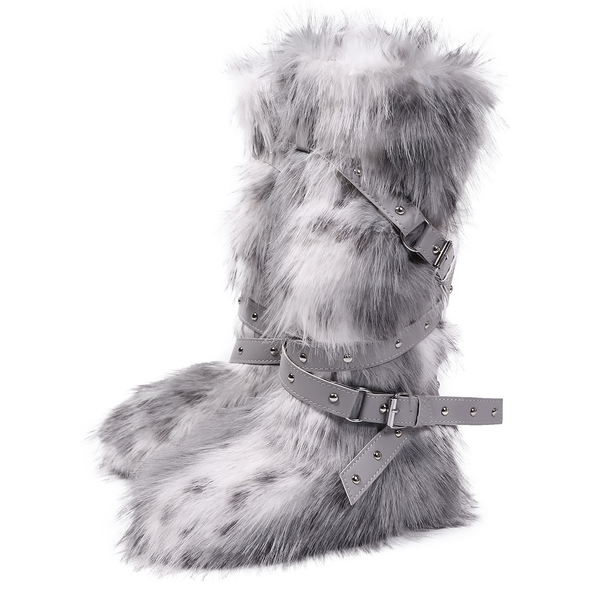 Designer shoes free shipping New leopard print high tube tied furry boots with children's velvet and rivet thick bottom snow boots grey khaki