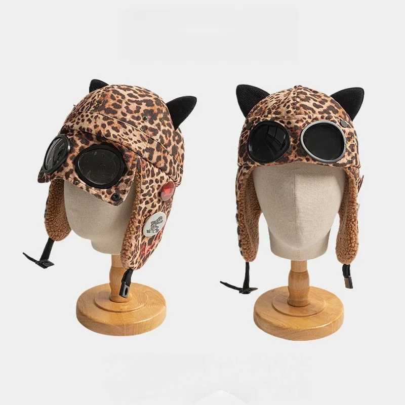 New Kids Girl Boy Pilot Hat with Goggles Cotton Fleece Lined Earflap Cap Cat Ears Winter Warm Thickened Familys Aviator Hat Z251029