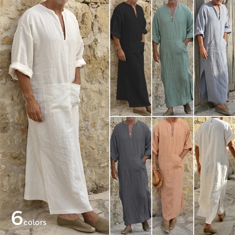 Mens Arab Muslim Long Robe Shirt Casual Loose Long Sleeves Male Pocket Kaftan Robe Cotton Linen Button Plain Robes Plus Size 5XL 240715