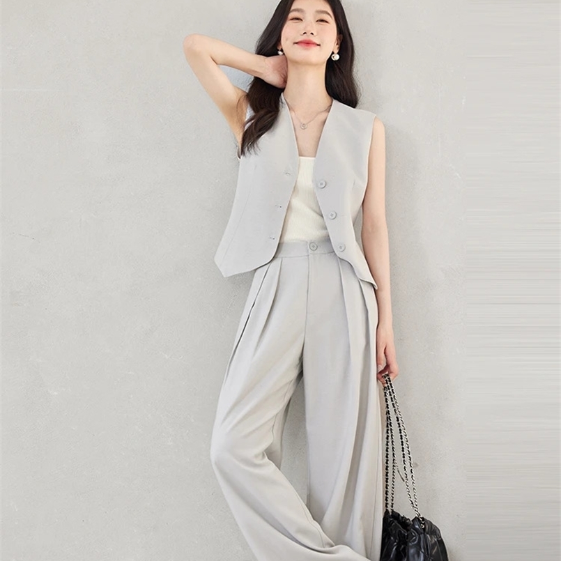 VIMLY Womens Summer Solid and Stripes Blazers Suits Sleeveless Elegant Cropped Blazer VestWide-Leg Pants 2Piece Set M7357 240826