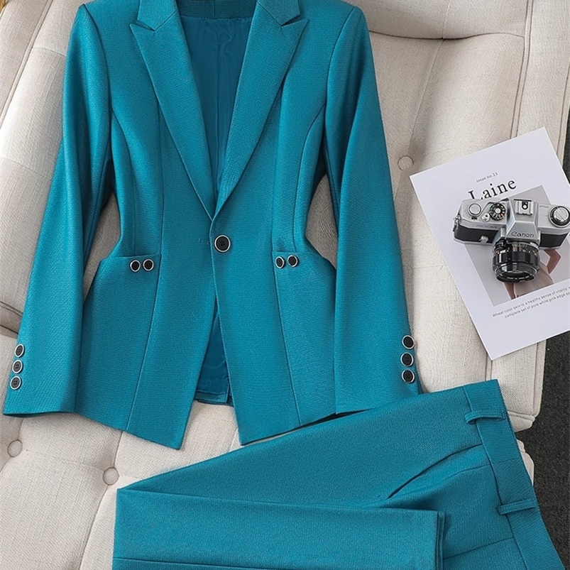 Ladies Blazer And Pant Suit Formal Green Purple Blue Black Solid Women Jacket Trouser Female Business Work Wear 2 Piece Set 240826