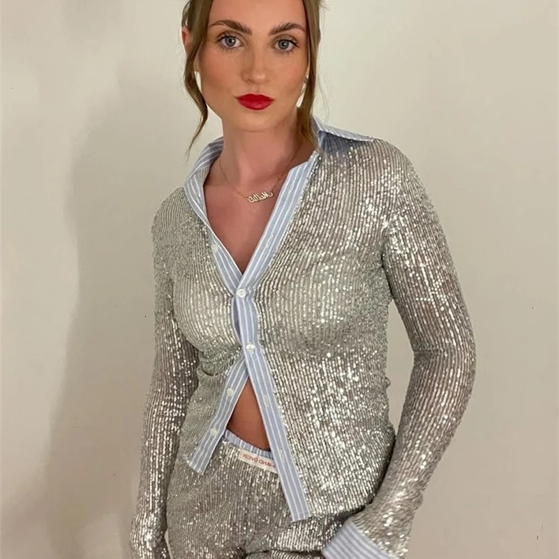 Mozision Silver Glitter Shorts Sets Women Contrast Color Single-breasted Shirt And Shorts Sparkle Two Piece Set Shorts Sets 250409