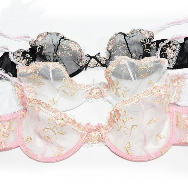 French Style UltraThin Sexy PushUp Lace Edge SeeThrough Large Bust Minimizer Underwire Transparent Bra Set 210623