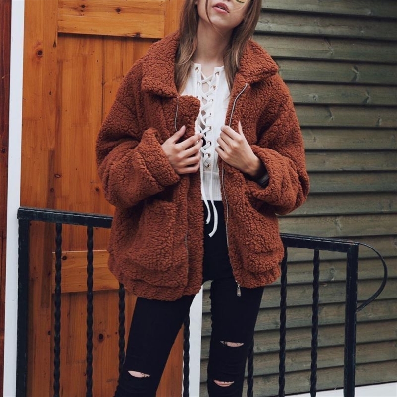 Women's Fur Faux Elegant Bear Teddy Coat Women Autumn Winter Thick Warm Soft Fleece Jacket Female Pocket Zipper veste femme 221116