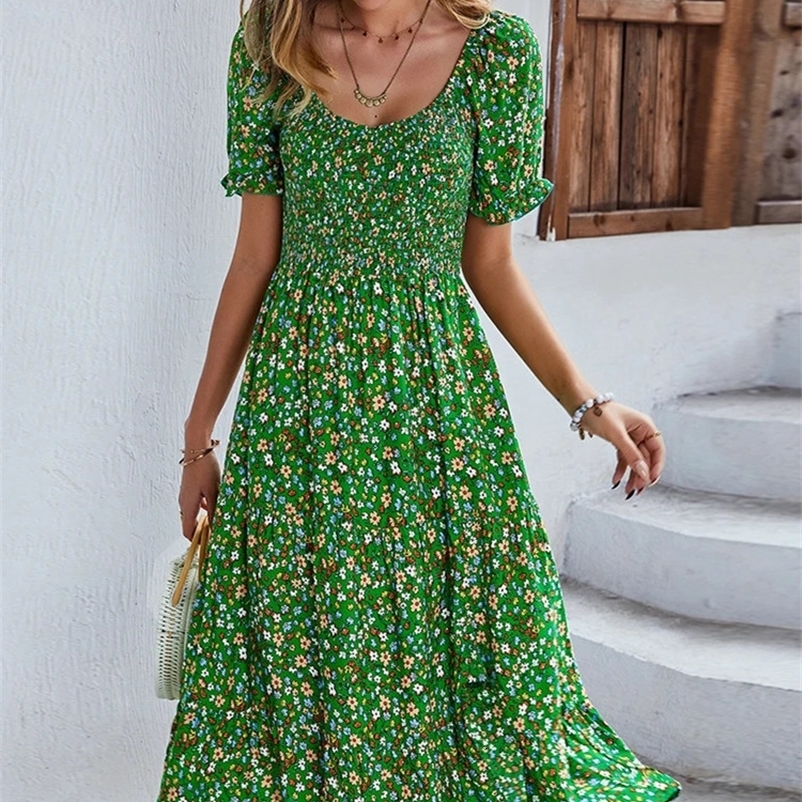 Ladies Sexy Vintage Floral Print Boho Summer Dress Women Casual Elastic Bohemian Beach Dress Women Sundress Robe Vestidos Female 240529