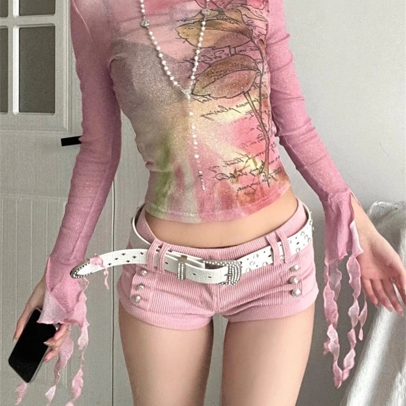 Japanese Y2k Mesh Tops 2000s Aesthetics Pink T-shirt Korean Fairycore Women Sexy Crop Long Sleeve Sheer Tops Harajuku Lolita 00s 250207