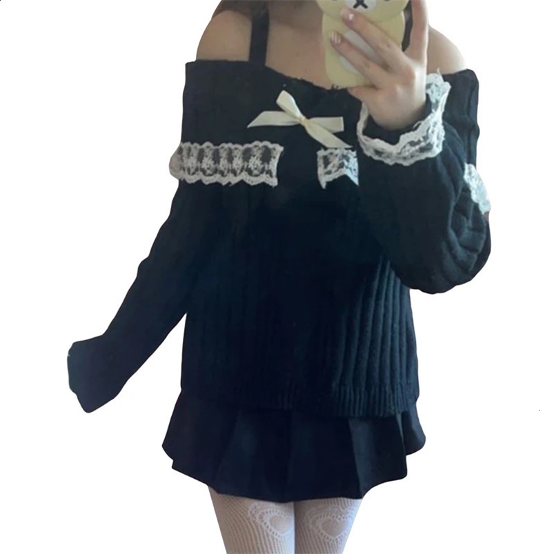 Kawaii Lace Trim Off Shoulder Pullovers Pretty Cute Outfits Harajuku Cosplay Sweater Y2K Aesthetic Vintage Long Sleeve Jumpers 240824