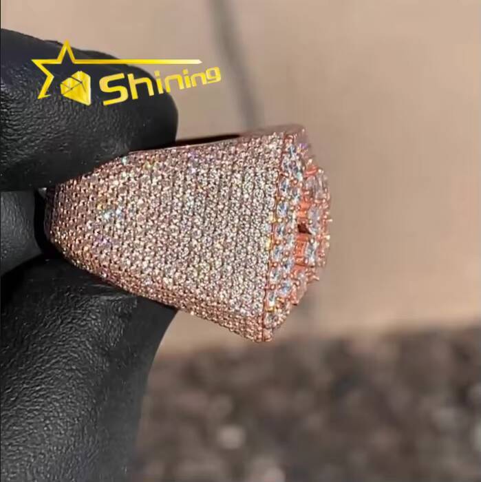 Luxury Hip Hop Ring 925 Sterling Silver Rose Gold Plated Iced Out Fancy Cut Buss Down Thick VVS Moissanite Diamond Ring Men