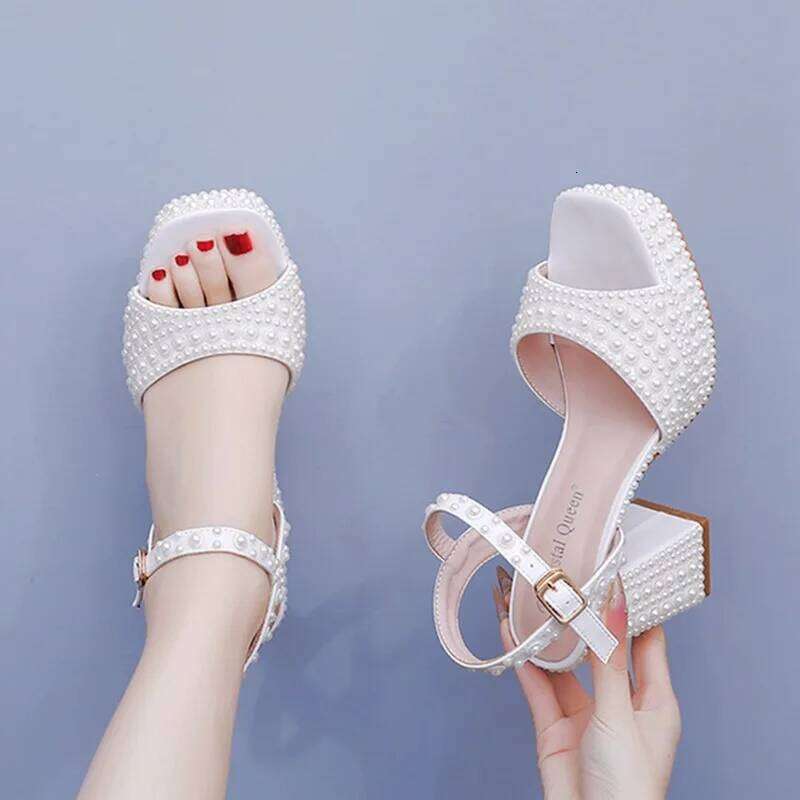 2025 new 9cm thick heel fish mouth waterproof platform round toe root sandals beige suower pearl bridal dress shoes