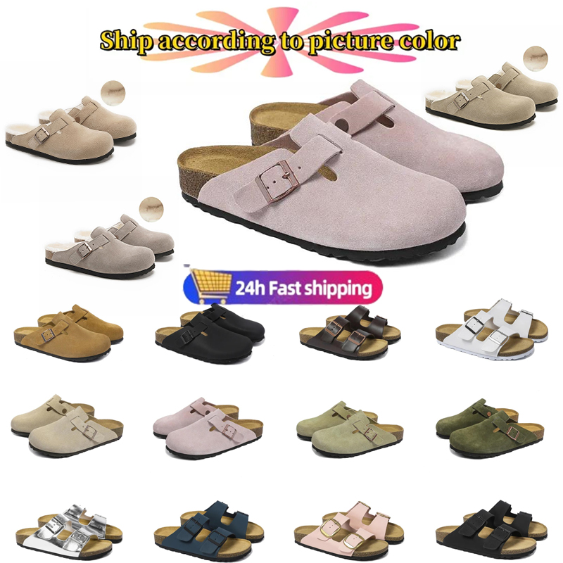 Designer Slide Sandals Womens - Plush Winter Sandals, Cozy Mule Clogs with Buckle Strap, Suede Leather Felt Slippers, Flat Sole - Sizes 35-46