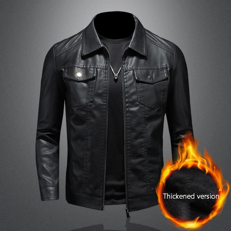 Mens lapel leather jacket autumn oversized slim motorcycle riding suit winter thickened PU leather waterproof work clothes250920ww