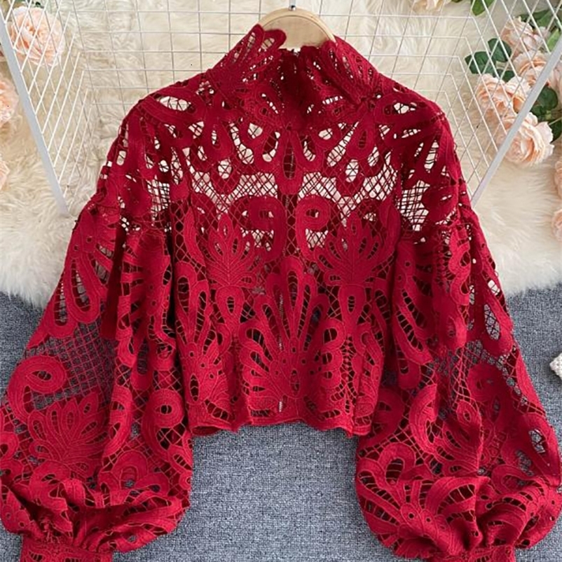 Women's Blouses Shirts Sexy Lace Hollow Out Short Blouse Casual Lantern Long Sleeve Stand Collar Shirts Female Elegant Red/Pink/White Loose Tops 