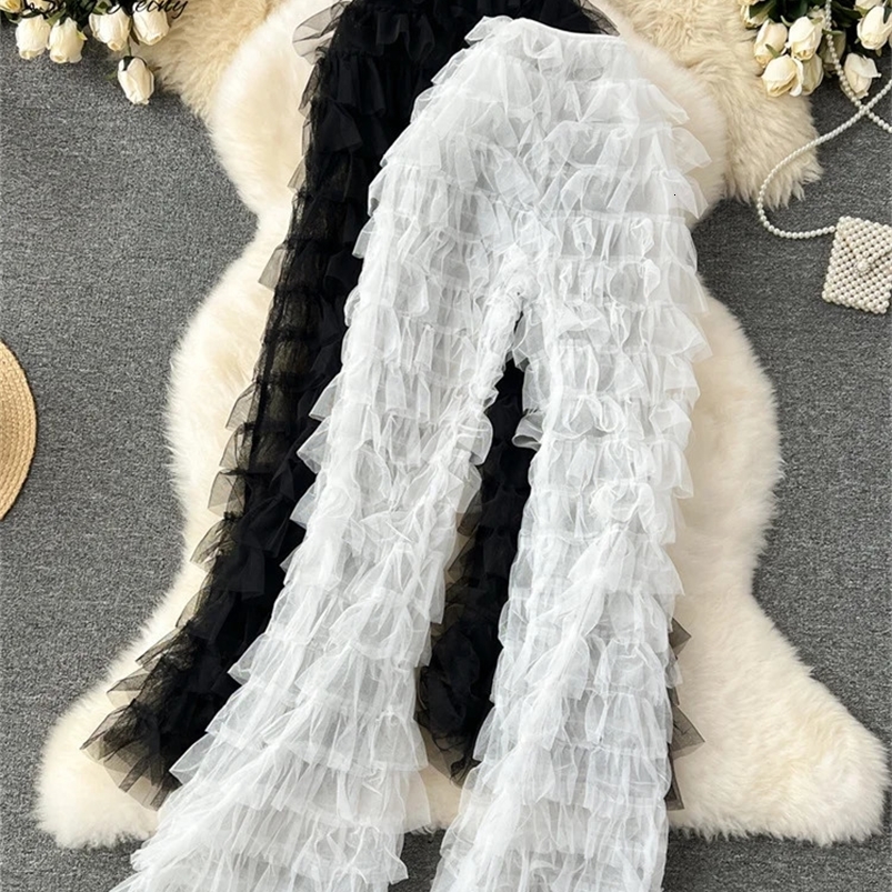 SINGREINY Fashion Mesh Long Pants Women Tierred High Waist American Fashion Streetwear Y2k Vintage Sheer Flare Trousers 240823