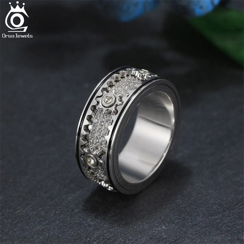 ORSA JEWELS 100% 925 Sterling Silver Rotating Gear Rings for Men Vintage Statement Thumb Rotatable Fidget Band Jewelry NMR14 240624