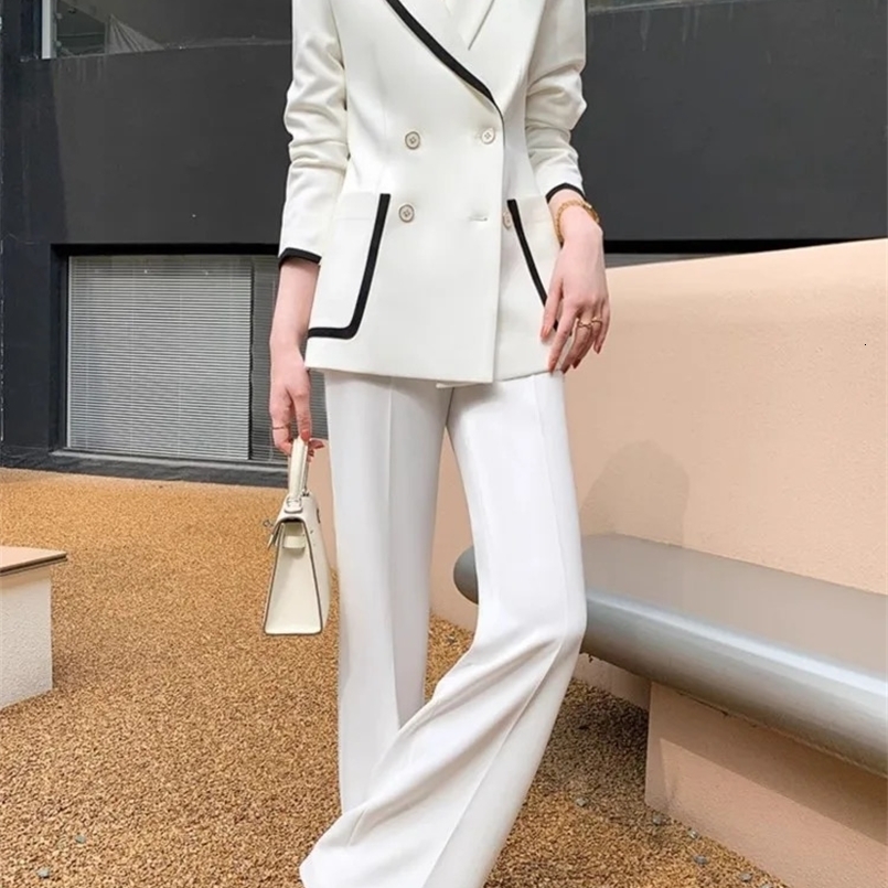 Korean Fashion Elegant and Chic Women Pantsuit Casual Vintage Blazer Jackets Straight Pants Two Pieces Set Female Formal Outfits 240826