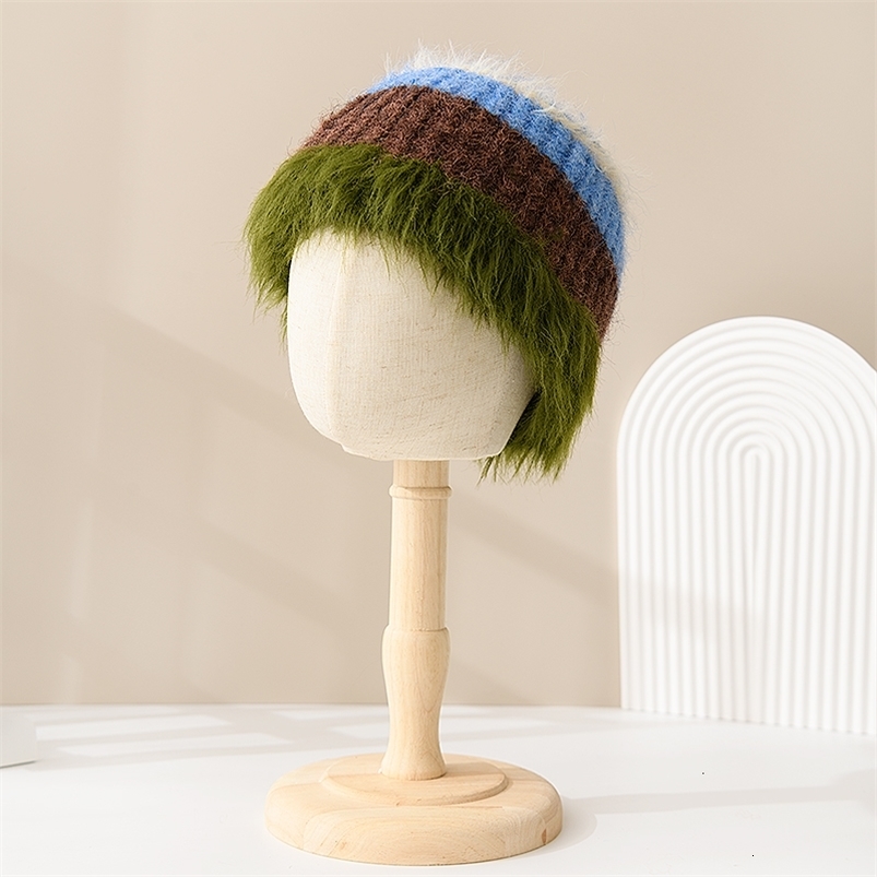 Wide Brim Hats Bucket Hats Japanese Retro Color Matching Plush Bucket Hat Autumn and Winter Warm Niche Fashion Show Face Small Versatile Knit Women 