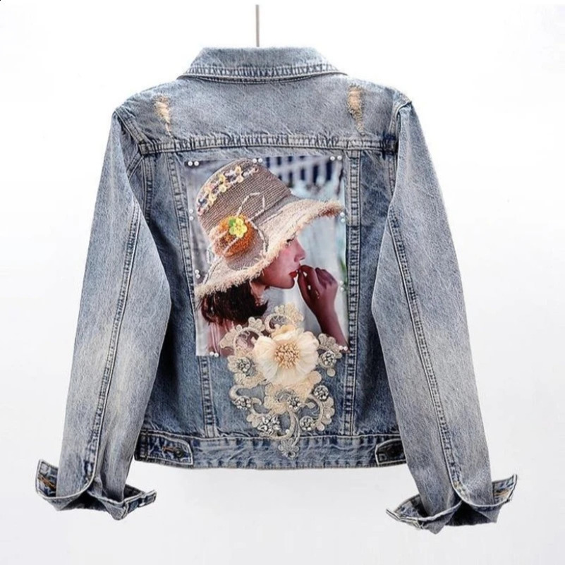 Womens Denim JacketsSequin with Rhinestones Hole Sale Cinched Waist Print Graphic Slim Diamonds Female Jeans Coats Ripped 250122