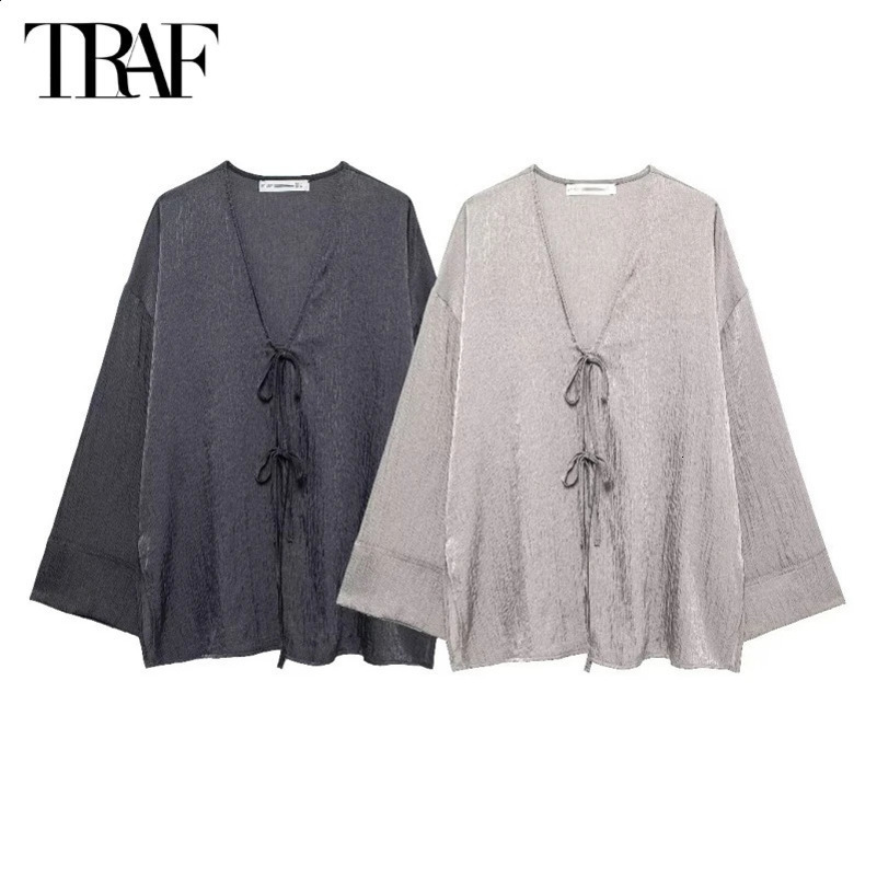 TRAF Satin Casual Blouses Woman Tied Summer Womens Tunic Oversized Shirts and Blouses for Women Long Sleeve Lady Blouses 250313