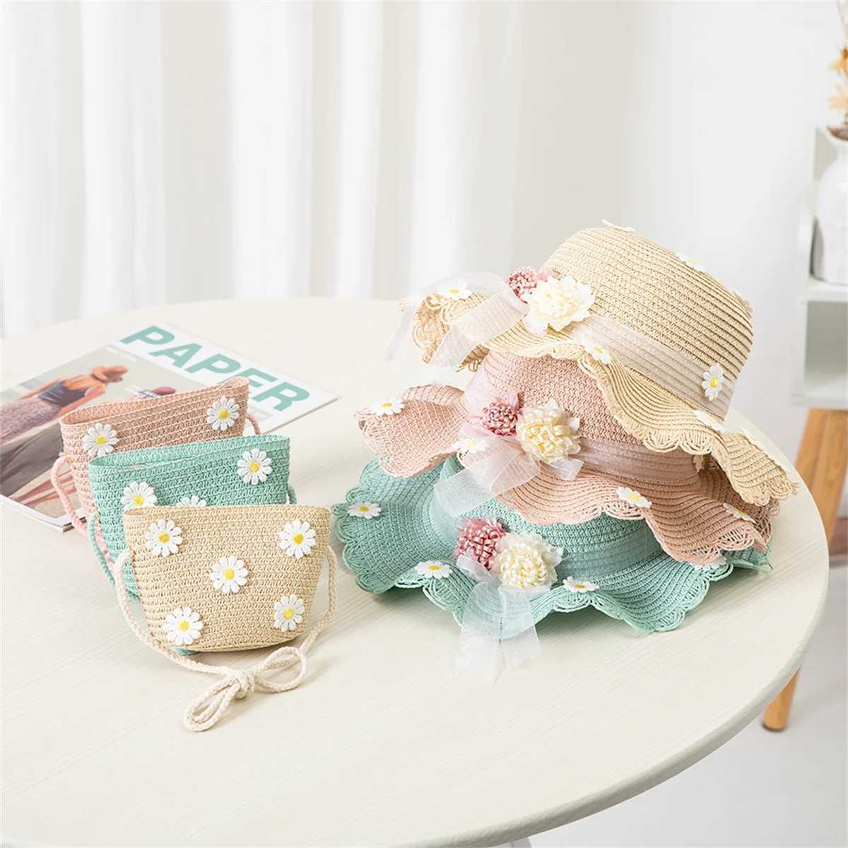 Kids Sun Hat Girls Summer New Straw Bag Cap Set Baby Travel Sun Protection Beach Hats Sun Fisherman Hat Z251029