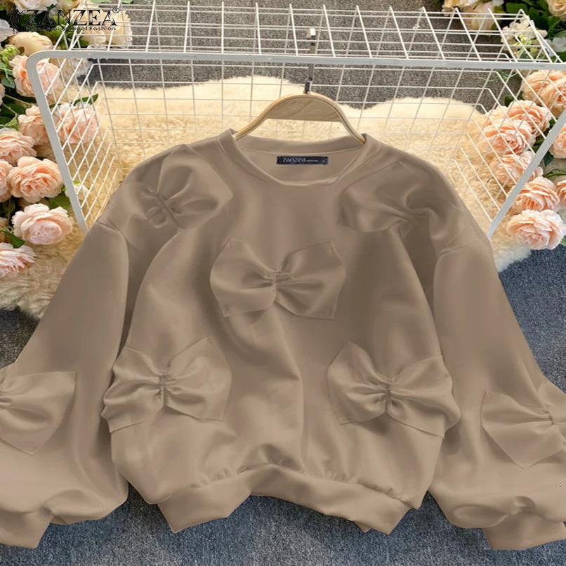 Holiday Autumn Long Sleeve Sweety Tops ZANZEA Women Bowtie Stitching Pullover Fashion Solid Sweatshirt Casual O-neck Hoodie 250113
