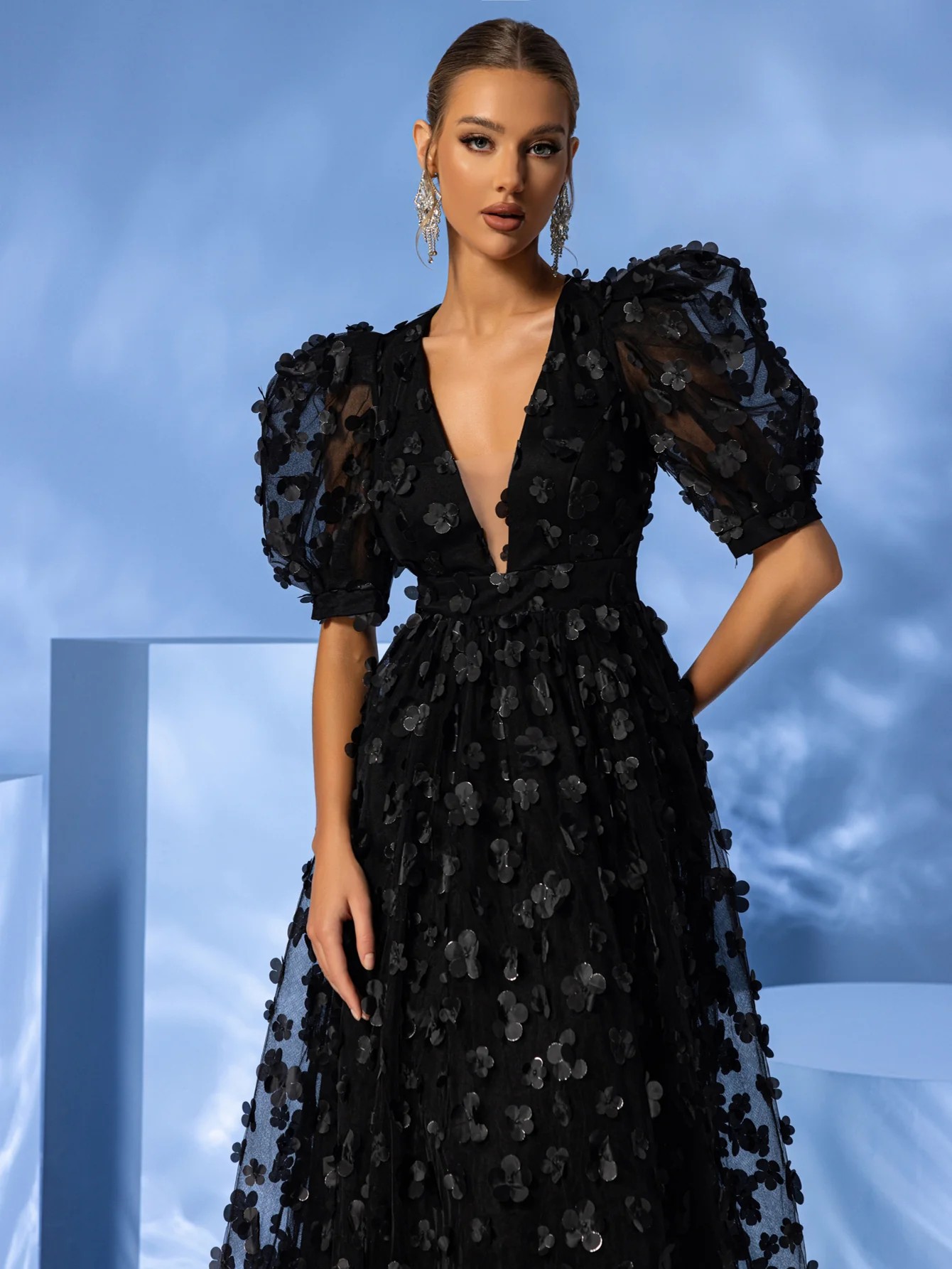 2025 New French Fashion Women's Elegant Prom Black High Neck Long Sleeve A-Line Mini Dress 23551