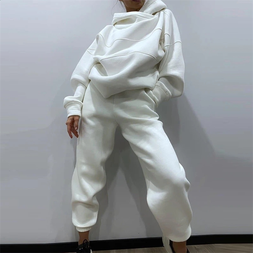 Women Fleece Two Piece Set Oversize Hoodie Sweatshirt And Jogger Trouser Tracksuits Autumn Winter Female Casual Sports Suit 240820